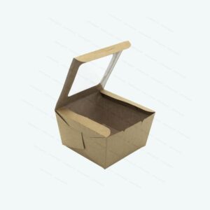 Hamburger Gourmet Box with PLA Window. Size: 9.5 x 9.5 x 6.5cm (h). Flat Pack