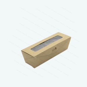 Hotdog Box Medium with Fold Over Lid and PLA Window. Size: 18 x 5 x 5.5cm (h). Flat Pack
