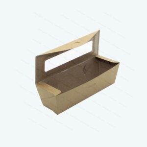 Hotdog Box Medium with Fold Over Lid and PLA Window. Size: 18 x 5 x 5.5cm (h). Flat Pack